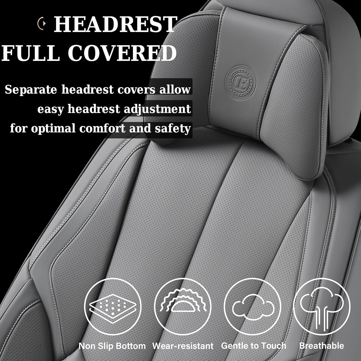 Coverado Universal Seat Covers Full Set, 5 Seats Universal Seat Covers for Cars, Waterproof Nappa Leather Car Seat Covers with Head Pillow, Auto Protectors Fit for Most Sedans SUV Pick-up Truck-Gray - Image 8