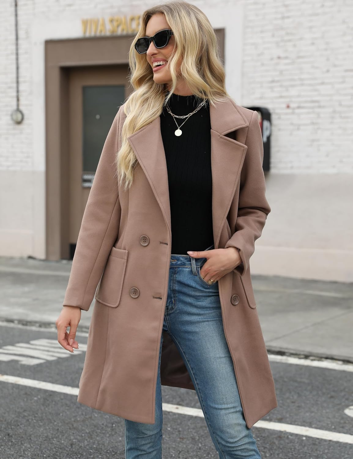 Bankeng Women Winter Wool Blend Camel Mid-Long Coat Notch Double-Breasted Lapel Jacket Outwear - Image 5