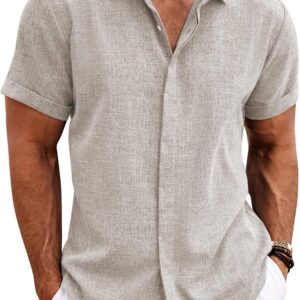COOFANDY Men’s Linen Shirts Short Sleeve Casual Shirts Button Down Shirt for Men Beach Summer Wedding Shirt