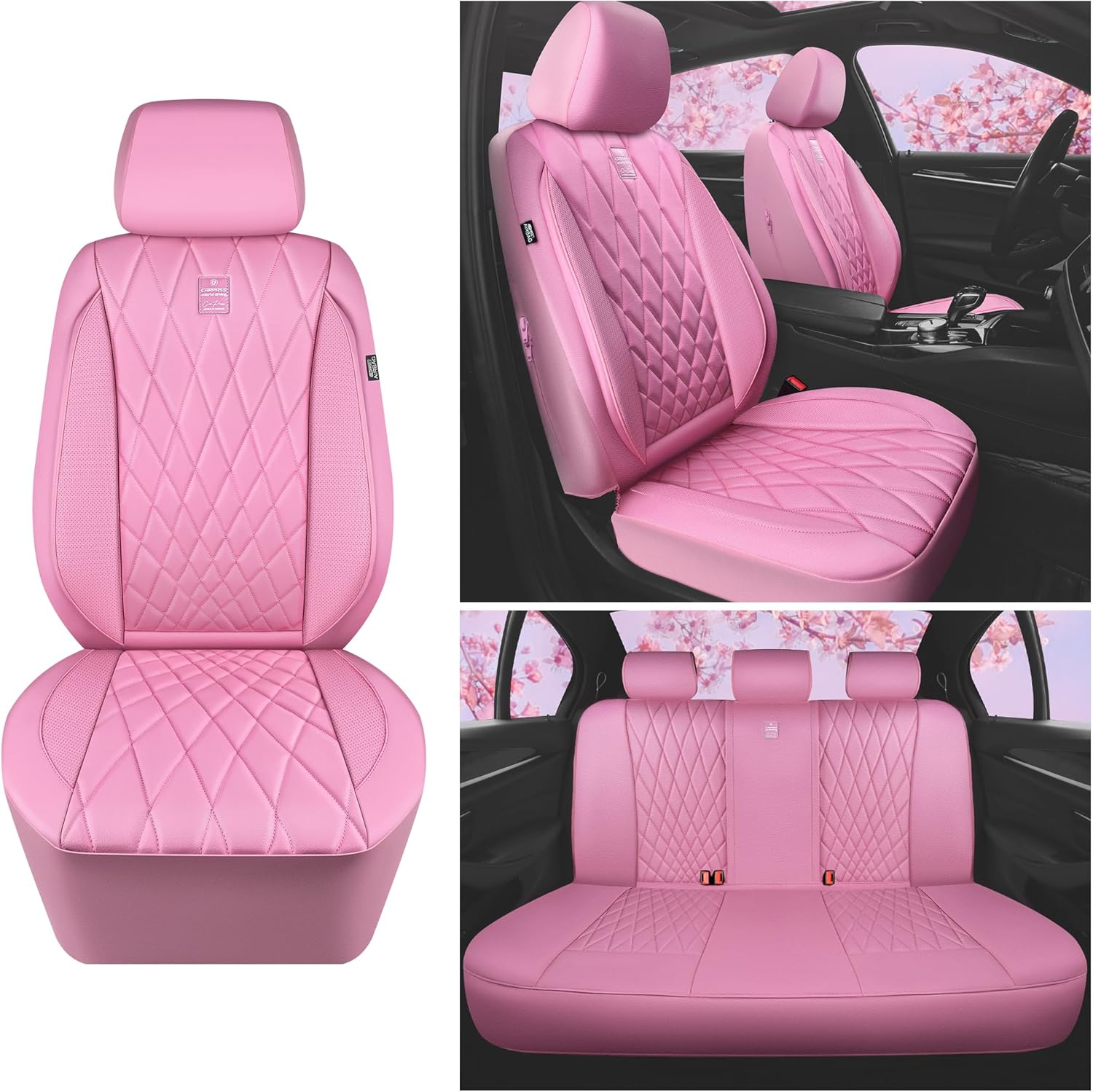 CAR PASS 5 Seats Piping Luxury Leather Seat Covers Full Set, Anti-Slip Waterproof Seat Covers Compatible with Front Armrests, Universal Fit for Suvs,Vans,Trucks,Airbag Compatible, Pure Pink - Image 8