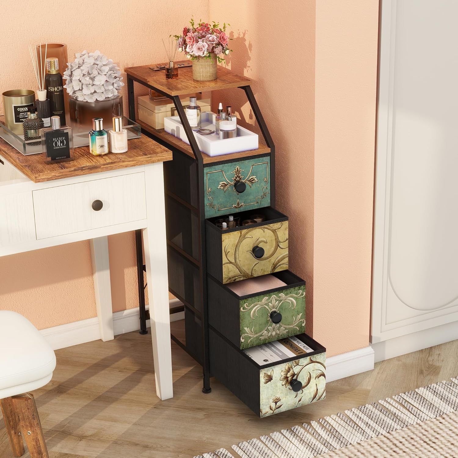 Tohomeor Narrow Dresser Tall Skinny Storage Tower Vertical Slim Chest of Drawers with Charging Station Small Nightstand Side Table for Bedroom, Bathroom, Small Spaces (Retro Flower, 4 Drawers) - Image 4