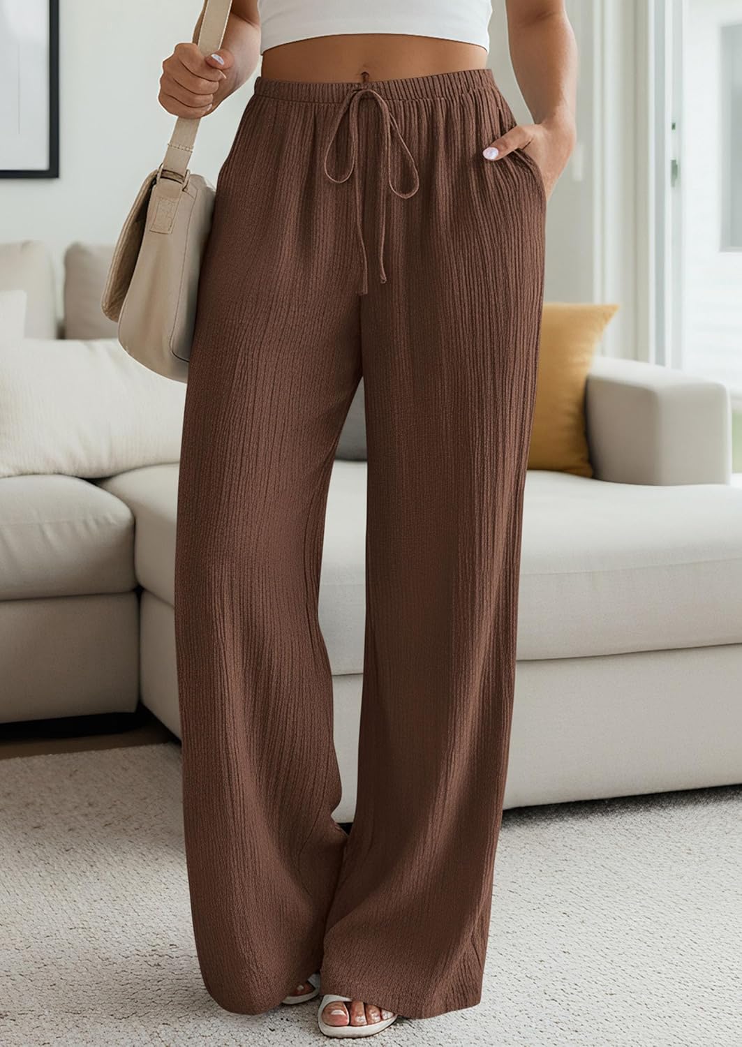 PRETTYGARDEN Womens Palazzo Pants Summer Fashion 2026 High Waisted Wide Leg Drawstring Flowy Beach Trousers with Pockets - Image 6