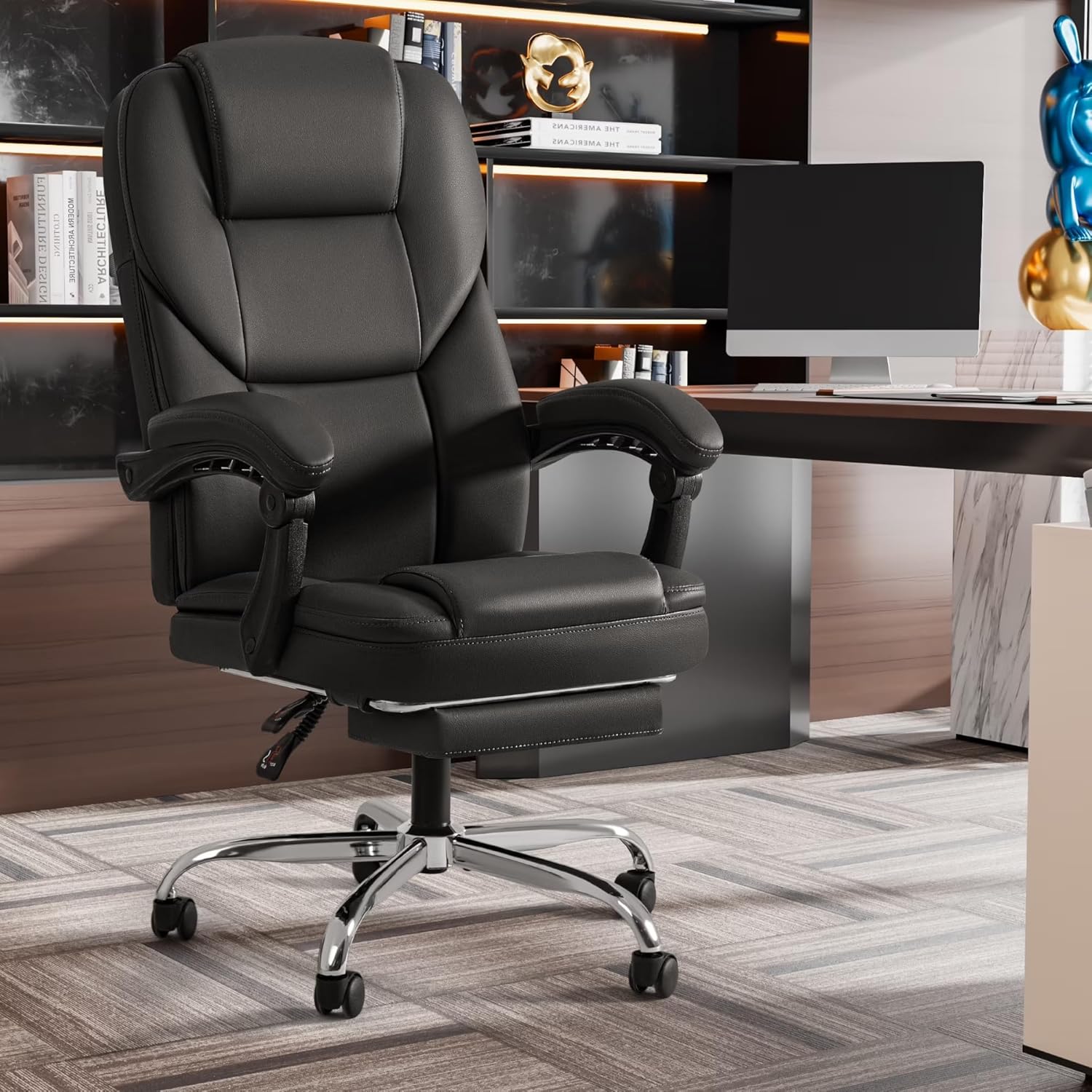 Shahoo Executive Office Chair with Massage, Ergonomic Reclining High Back Leather Seats with Footrest and Lumbar Support, Big and Tall, 400Lbs Heavy Duty, Dark Black - Image 7
