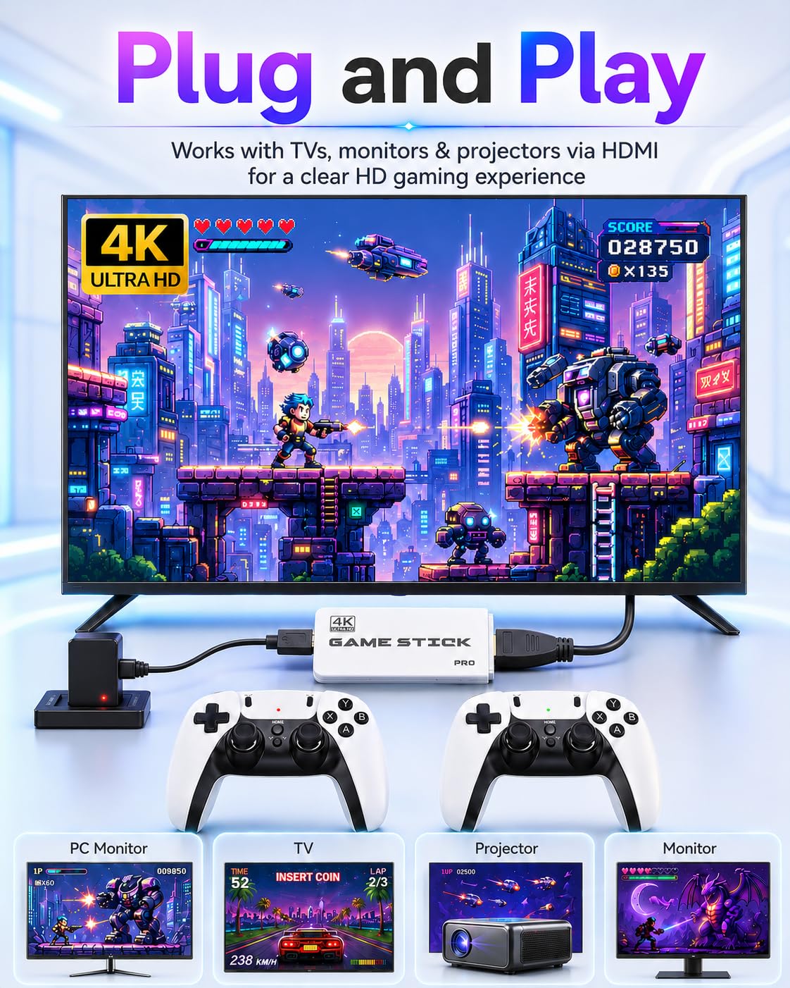 2026 Upgraded Retro Gaming Console, 4K HDMI Plug and Play TV Gaming System with 40000+ Built-in Video Games, 128GB TF Card, 23 Emulators, 2 Wireless Controllers for Family Entertainment - Image 3