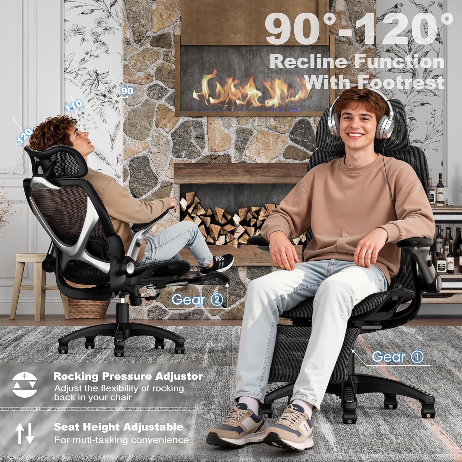 ELABEST X100 Ergonomic Mesh Office Chair with Footrest, Big and Tall Hone Desk Chair with 5D Flip-Up Arms, Adjustable 3D Lumbar Support,Gaming & Executive Computer Chairs - Image 7