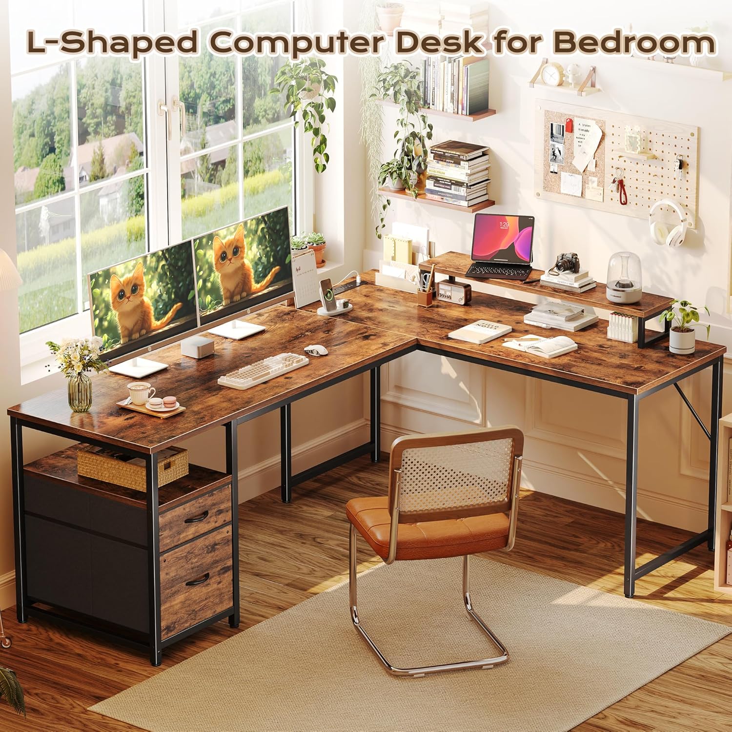 PRAISUN 63 Inch L Shaped Desk with Power Outlets and USB-C Port, Computer Corner Home Office Desk with File Fabric Drawers and Movable Monitor Stand, Larger Storage, Gaming, Writing, Rustic Brown - Image 3