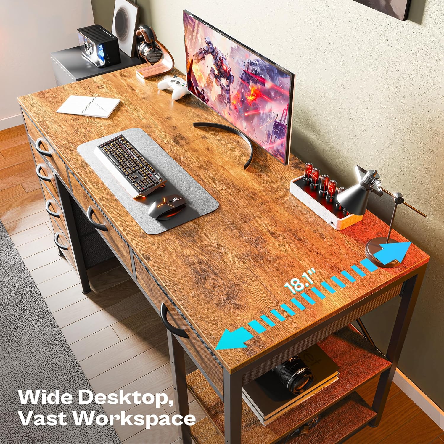 Huuger Computer Desk with 6 Drawers, Office Desk with Shelves, Reversible Gaming Desk, Corner Desk with Storage, Work for Home Office, Study, Living Room, 47inch, Rustic Brown - Image 4