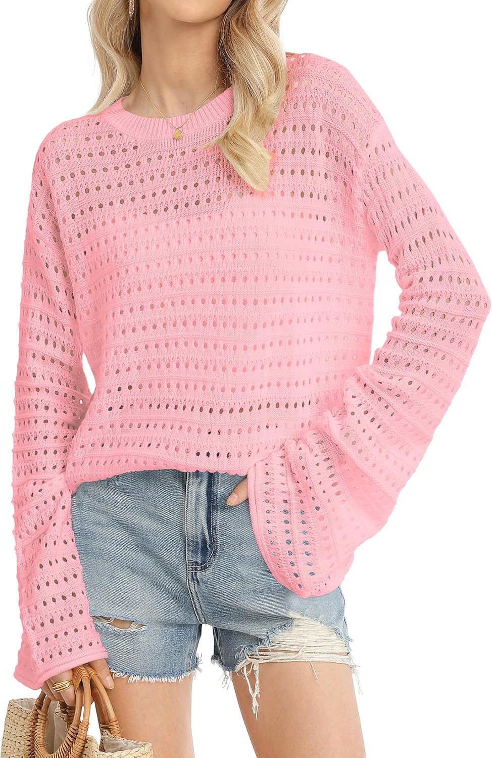 QUALFORT Womens Crochet Sweaters Long Sleeve Lightweight Hollow Out Knit Casual Soft Pullover Spring Summer Tops - Image 4