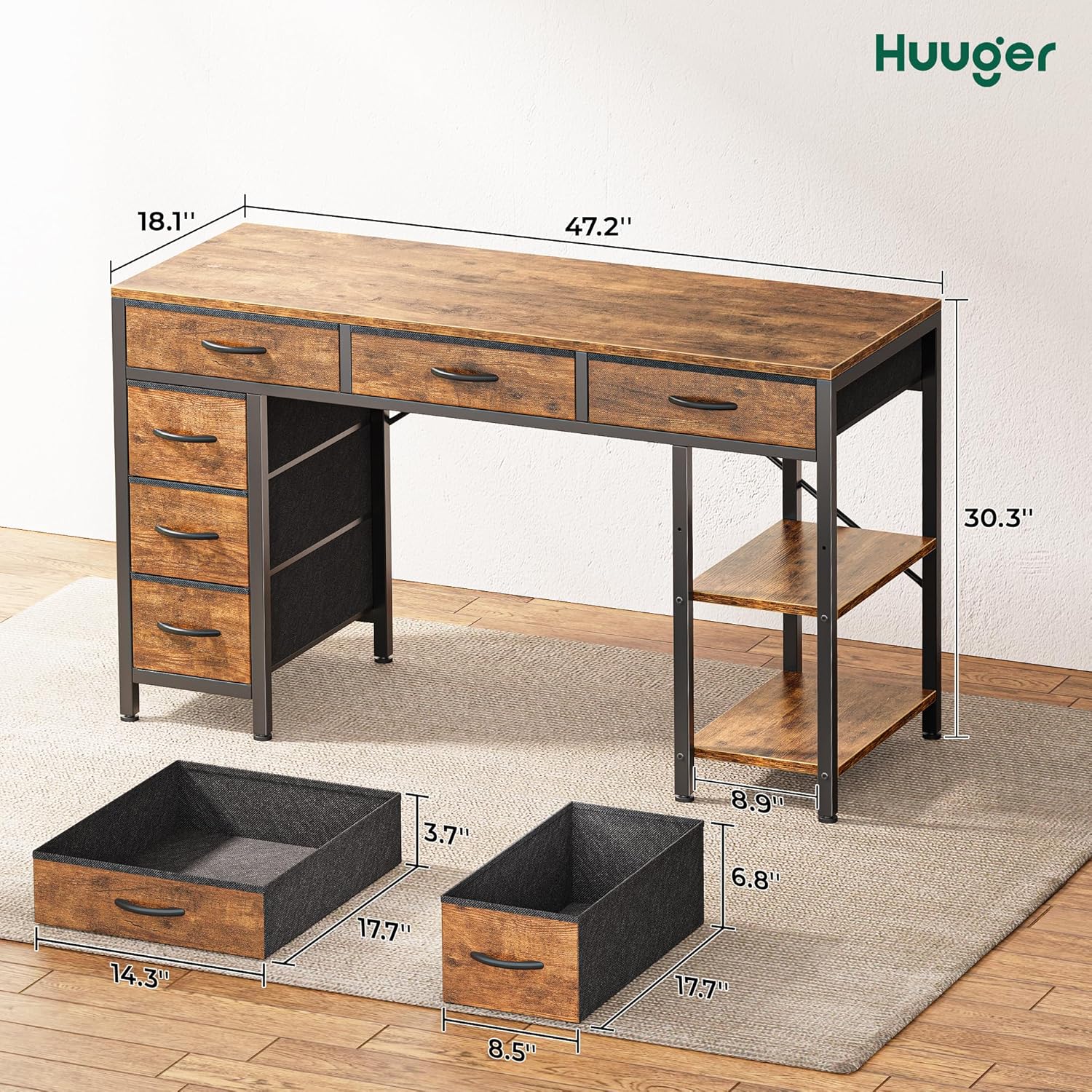 Huuger Computer Desk with 6 Drawers, Office Desk with Shelves, Reversible Gaming Desk, Corner Desk with Storage, Work for Home Office, Study, Living Room, 47inch, Rustic Brown - Image 3