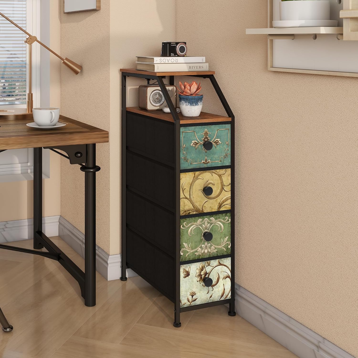 Tohomeor Narrow Dresser Tall Skinny Storage Tower Vertical Slim Chest of Drawers with Charging Station Small Nightstand Side Table for Bedroom, Bathroom, Small Spaces (Retro Flower, 4 Drawers) - Image 6