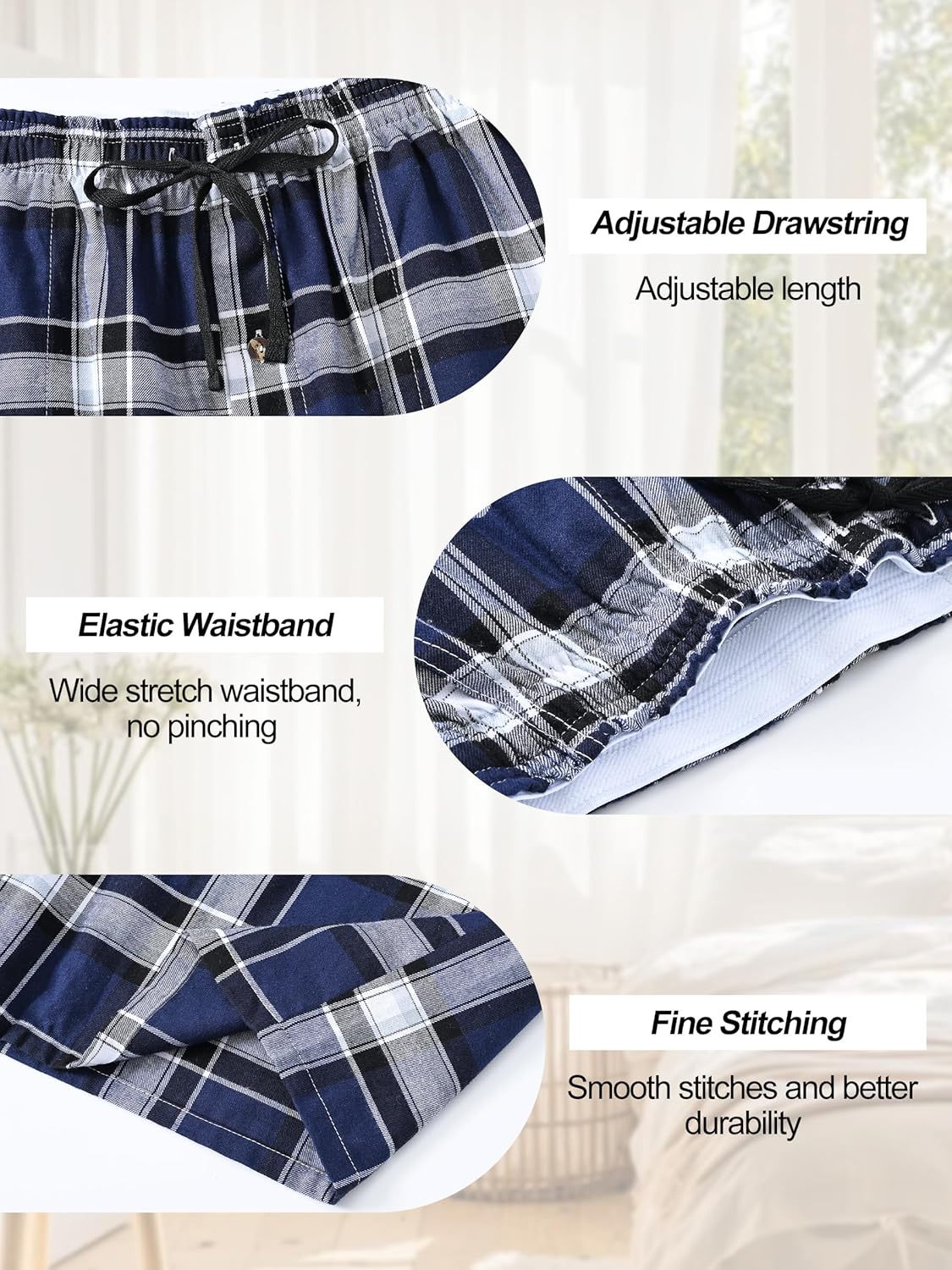 yuyangdpb Men's 3-Pack Woven Pajama Short Cotton Plaid Sleepwear Shorts Button Open Fly with Pockets - Image 3