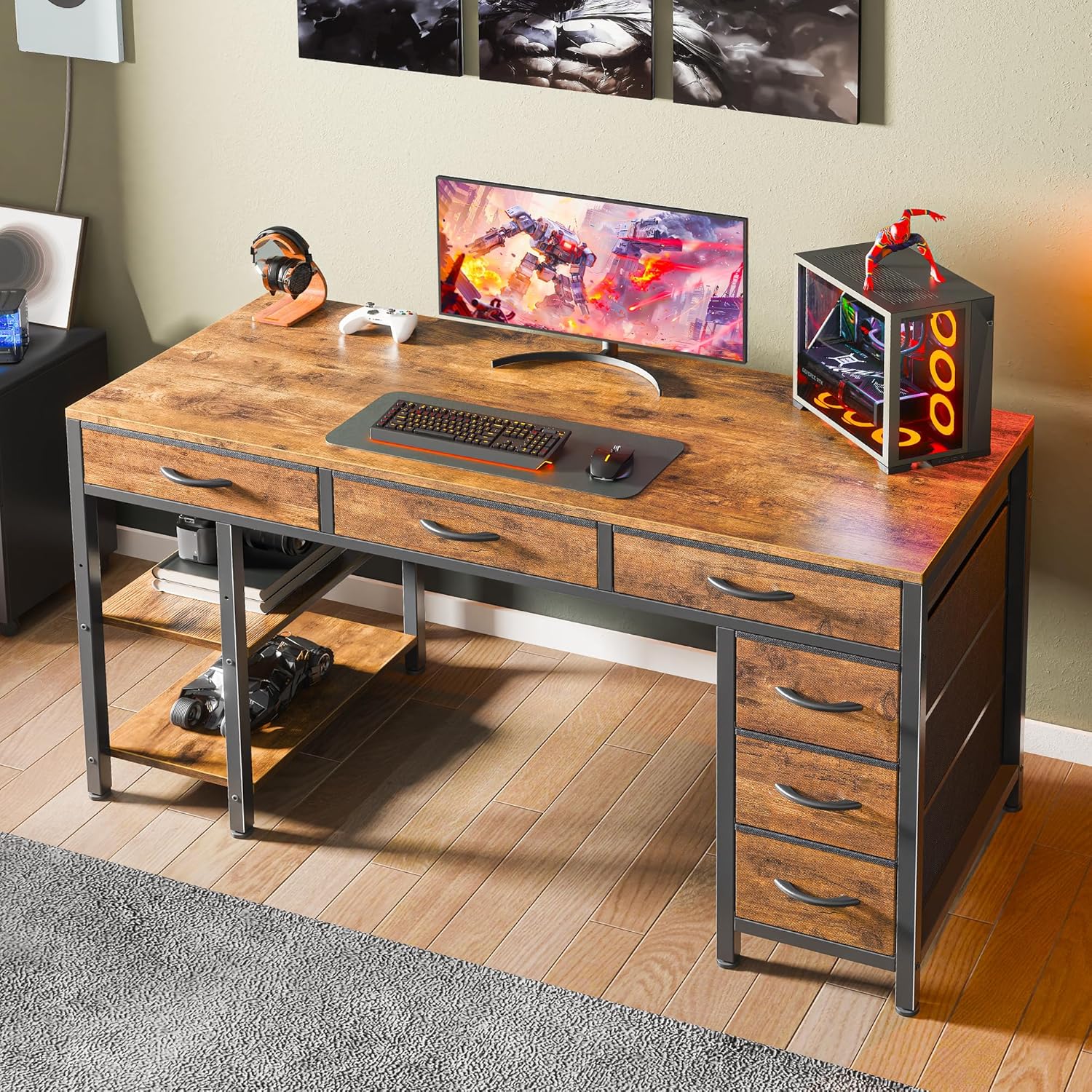 Huuger Computer Desk with 6 Drawers, Office Desk with Shelves, Reversible Gaming Desk, Corner Desk with Storage, Work for Home Office, Study, Living Room, 47inch, Rustic Brown - Image 7