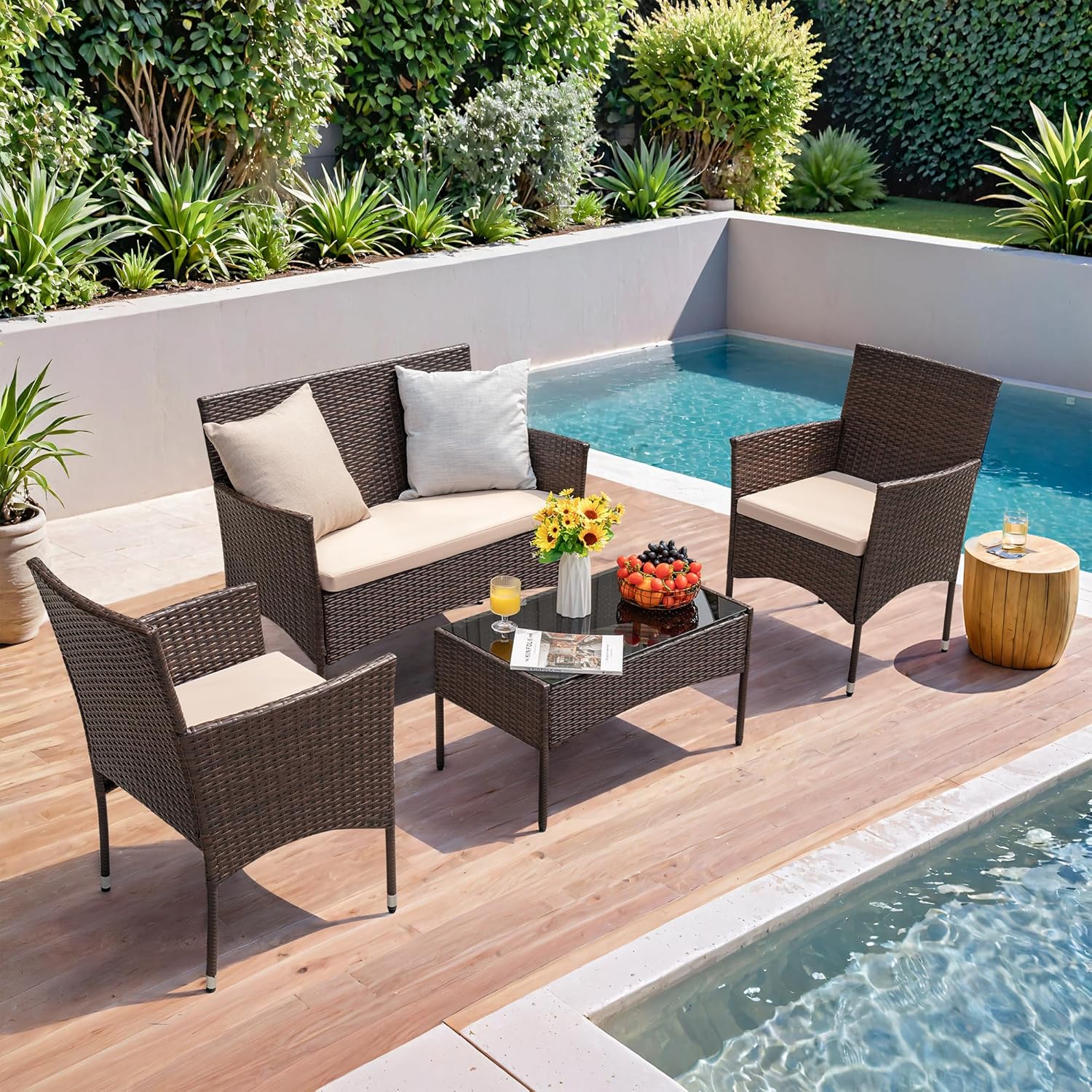Homall 4 Pieces Outdoor Patio Furniture Sets Rattan Chair Wicker Set,Outdoor Indoor Use Backyard Porch Garden Poolside Balcony Furniture (Brown and Beige) - Image 5