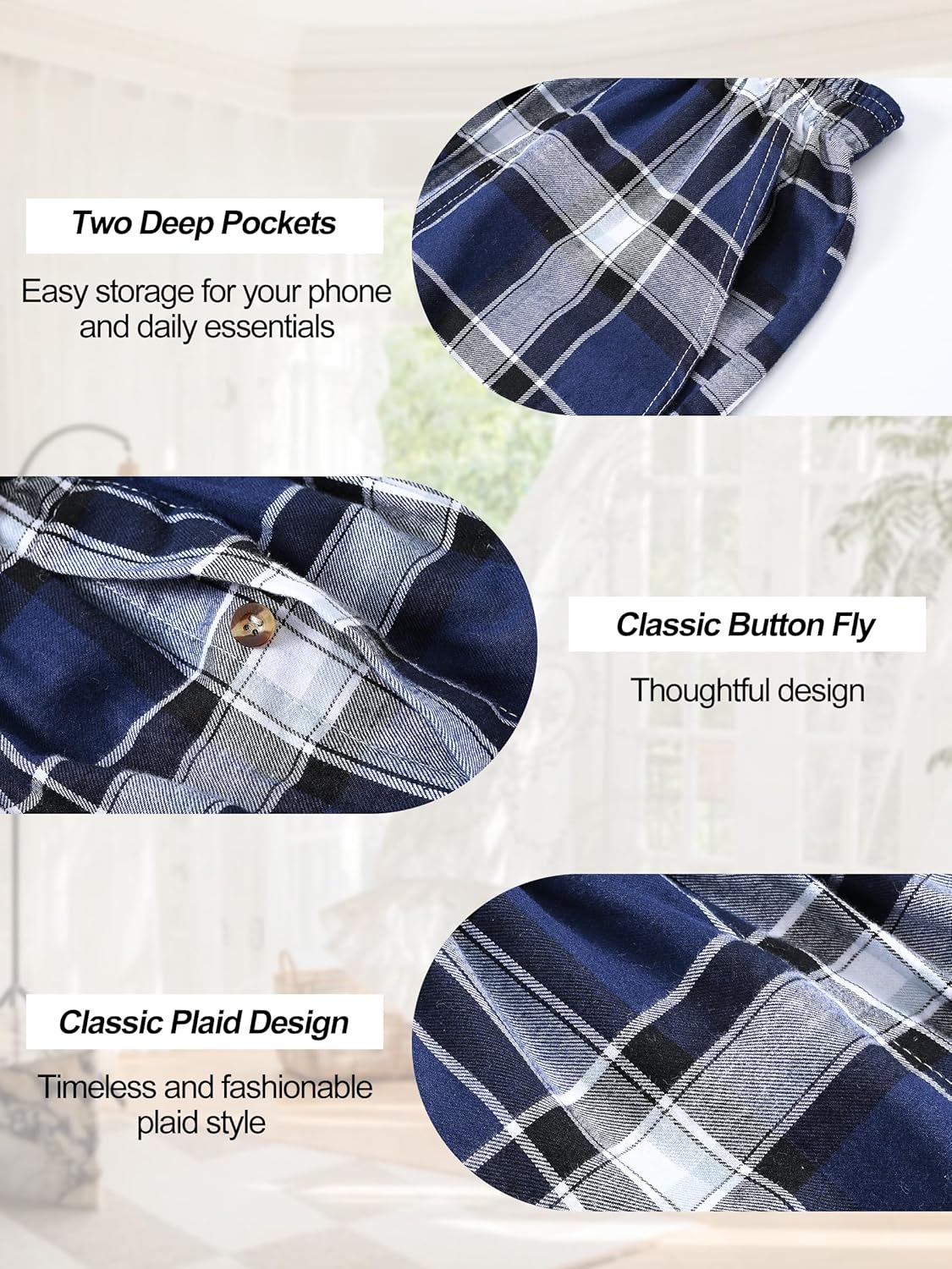 yuyangdpb Men's 3-Pack Woven Pajama Short Cotton Plaid Sleepwear Shorts Button Open Fly with Pockets - Image 4