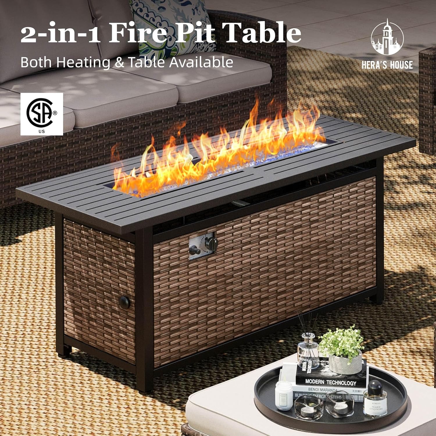 HERA'S HOUSE Swivel Glide Patio Furniture Set with 56" Fire Pit Table, 6 Pieces Outdoor Wicker Sectional Conversation Sofa Sets for Lawn Backyard Deck, Beige - Image 7