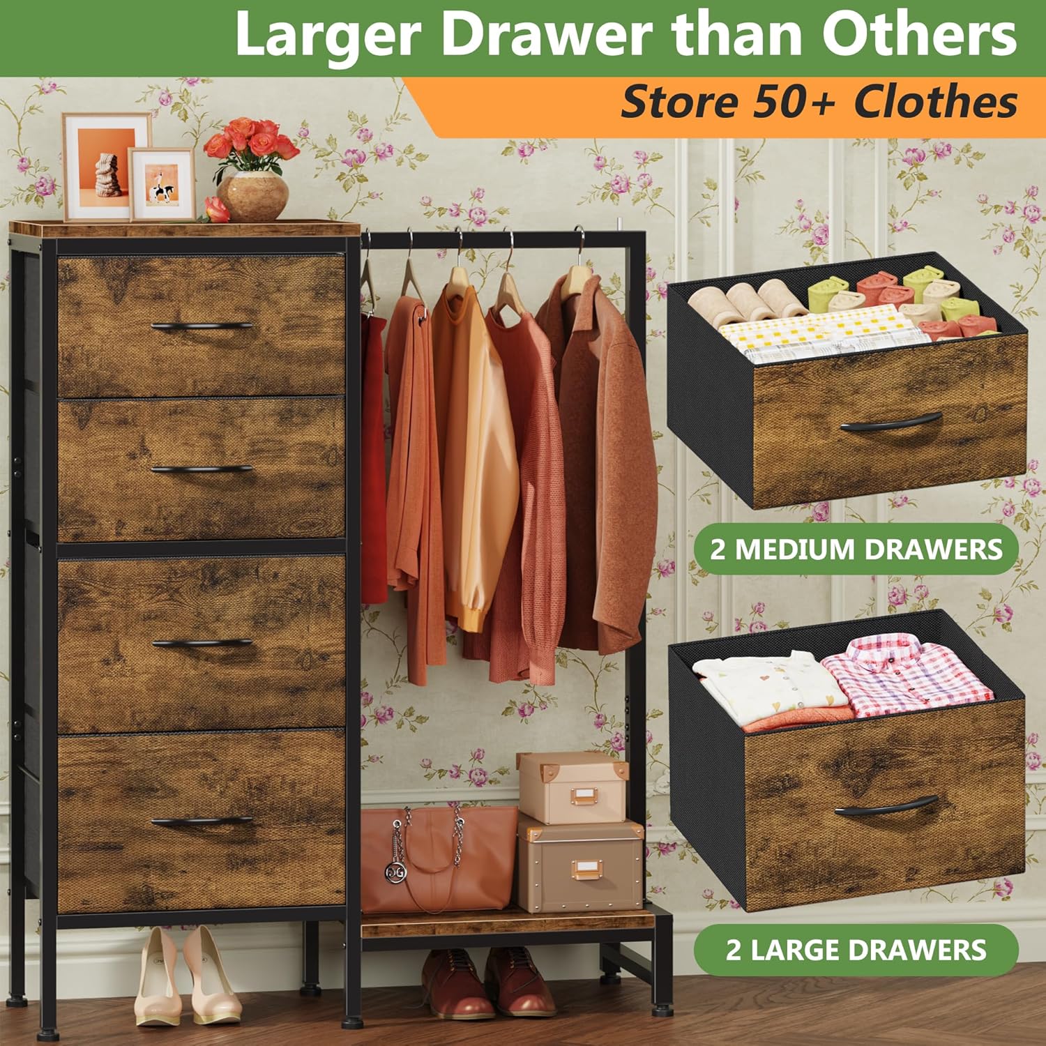 HIGDBFE Dresser with Hanging Rack, 4 Drawers Small Closet for Bedroom, Reversible Fabric Kids Chest of Drawers with Clothes Rack, Tall Storage Tower, Sturdy Frame, Rustic Brown, 44''H - Image 7
