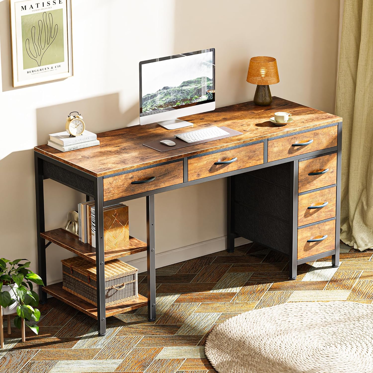 Huuger Computer Desk with 6 Drawers, Office Desk with Shelves, Reversible Gaming Desk, Corner Desk with Storage, Work for Home Office, Study, Living Room, 47inch, Rustic Brown - Image 8