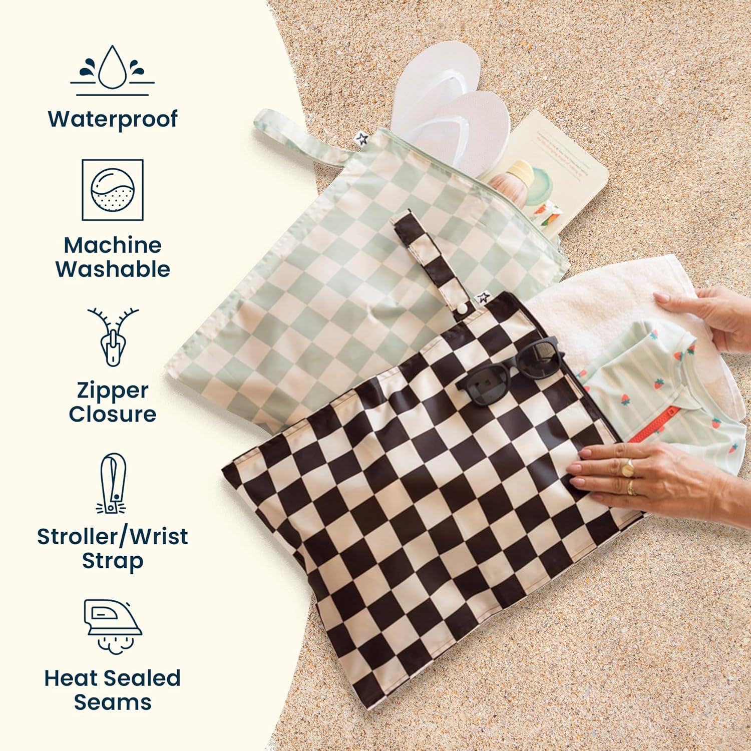Tiny Twinkle Mess Proof Wet Bags | 2-Pack Reusable Waterproof Wet Bags for Swimsuits | Baby Clothes | Travel & Diaper Bag (Black, Green Checkers) - Image 6
