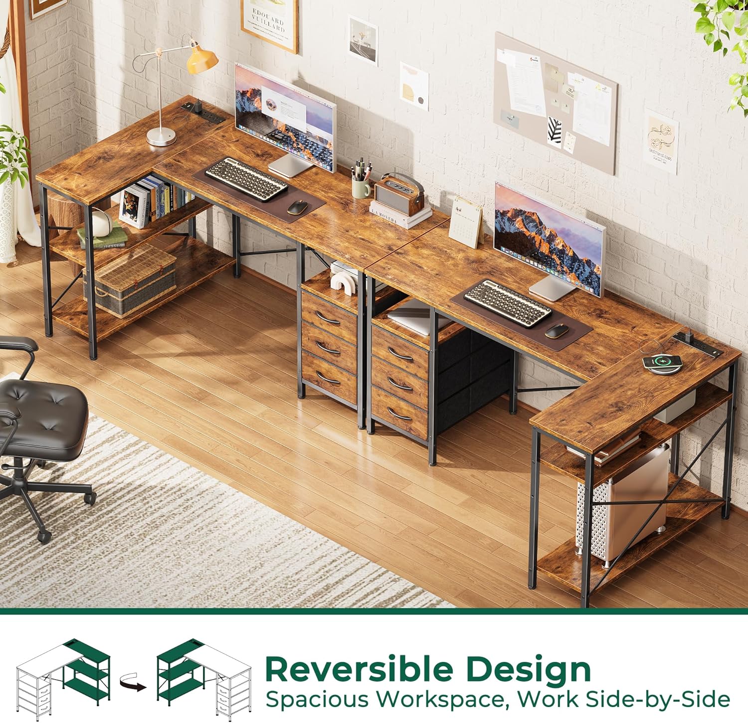 Huuger L Shaped Office Desk with Power Outlets, 47 Inch Computer Desk with 3 Drawers, Shelves, for Gaming, Corner Work, Home Office, Study, Rustic Brown - Image 4