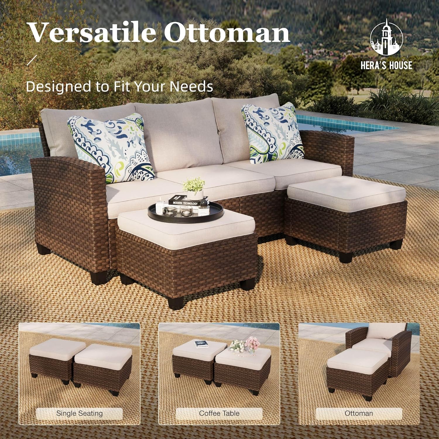 HERA'S HOUSE Patio Furniture Set, Outdoor Wicker Furniture with Fire Pit, 8 Pieces Deep Seating Outdoor Conversation Sofa Sets with Thick Cushions for Deck Backyard Lawn, Beige - Image 7