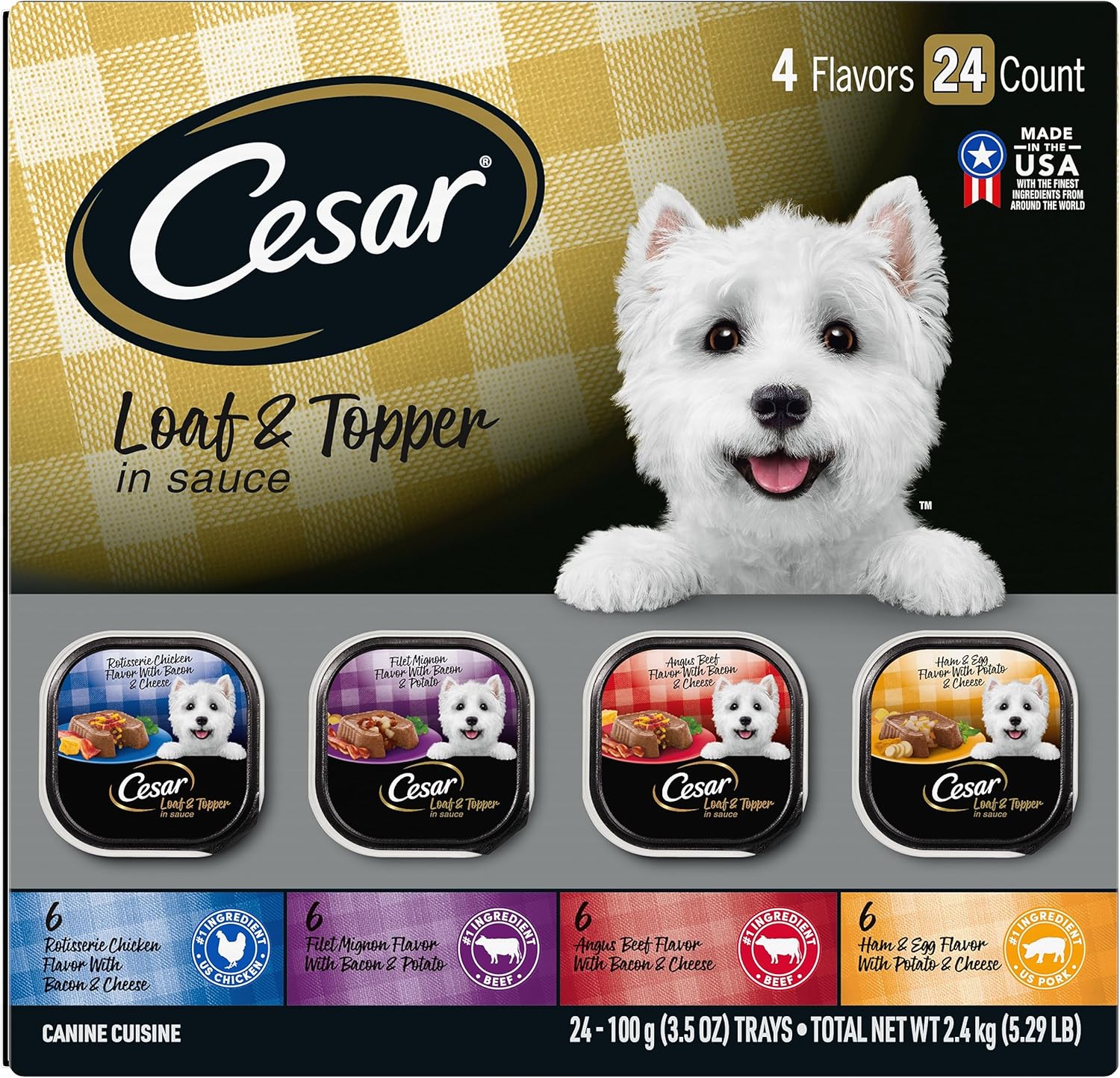 Cesar Loaf in Sauce Wet Dog Food Rotisserie Chicken, Filet Mignon, Angus Beef, and Ham & Egg Flavors Variety Pack, 3.5 oz. Easy Peel Trays (24 Count, Pack of 1) Cesar Loaf in Sauce Wet Dog Food Rotisserie Chicken, Filet Mignon, Angus Beef, and Ham & Egg Flavors Variety Pack, 3.5 oz. Easy Peel Trays (24 Count, Pack of 1)