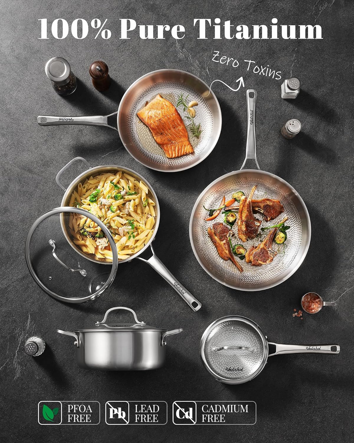 Titanium Pans set, 8 Pcs Pure Titanium Hammered Pro with Lids, Non Stick Skillet for Cooking, Non-Toxic, PFAS/PFOA/PTFE Free Cookware, Dishwasher&Oven Safe, Kitchen Induction Compatible - Image 2