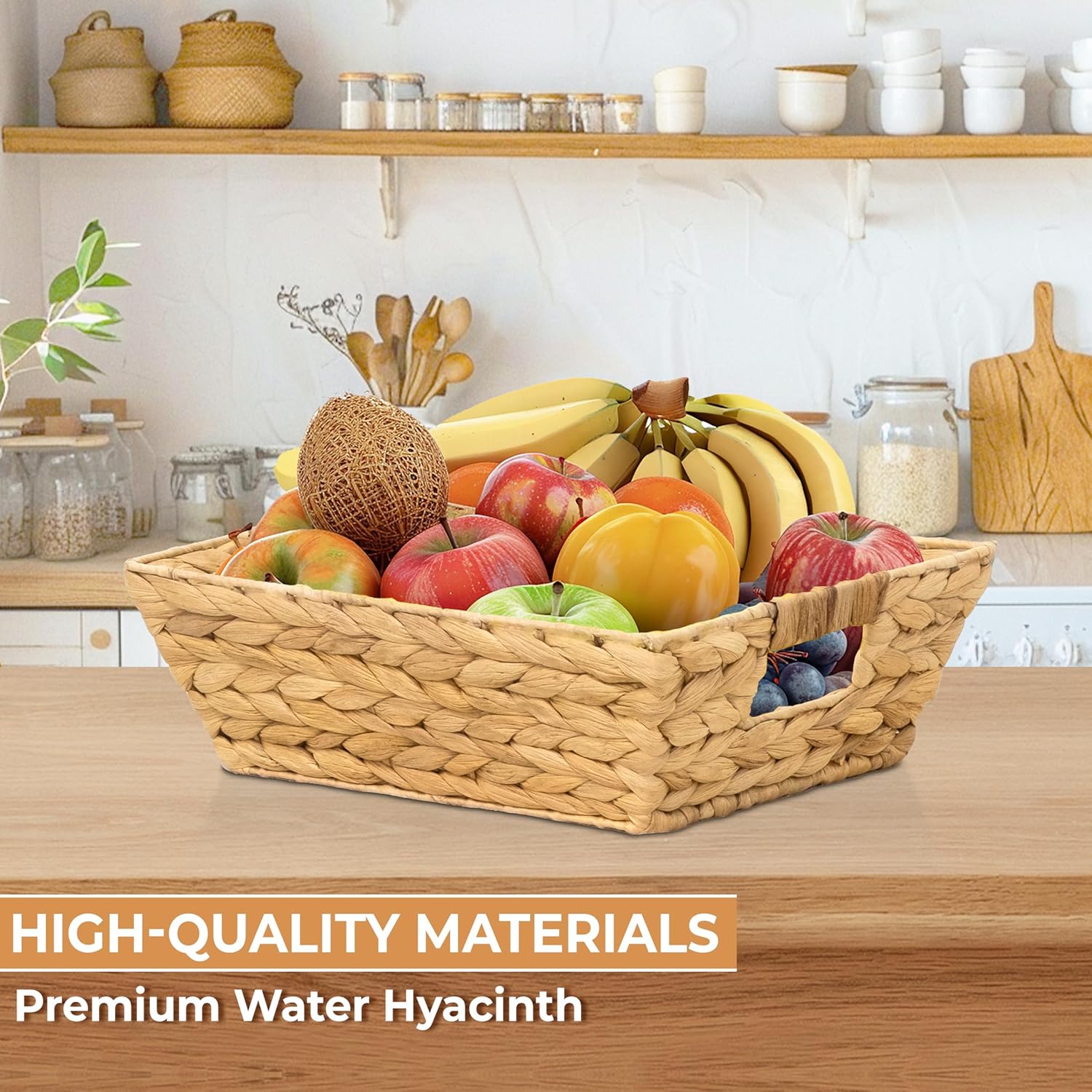 M4DECOR Set of 6 Water Hyacinth Wicker Storage Baskets for Shelves – Woven Snack Baskets for Organizing Pantry, Closet & Kitchen – Natural Storage Bins with Handles (6 Packs) - Image 5