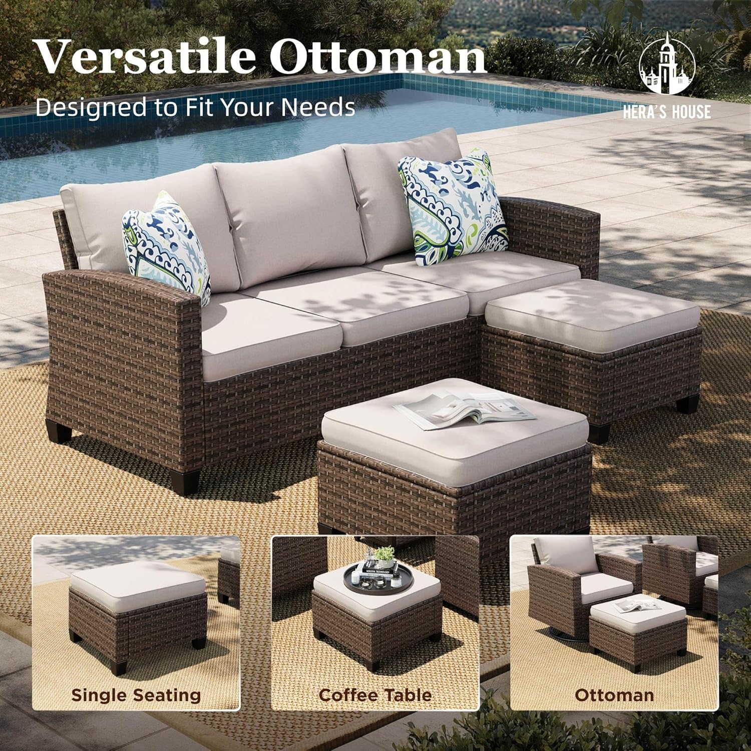 HERA'S HOUSE Swivel Glide Patio Furniture Set with 56" Fire Pit Table, 6 Pieces Outdoor Wicker Sectional Conversation Sofa Sets for Lawn Backyard Deck, Beige - Image 8