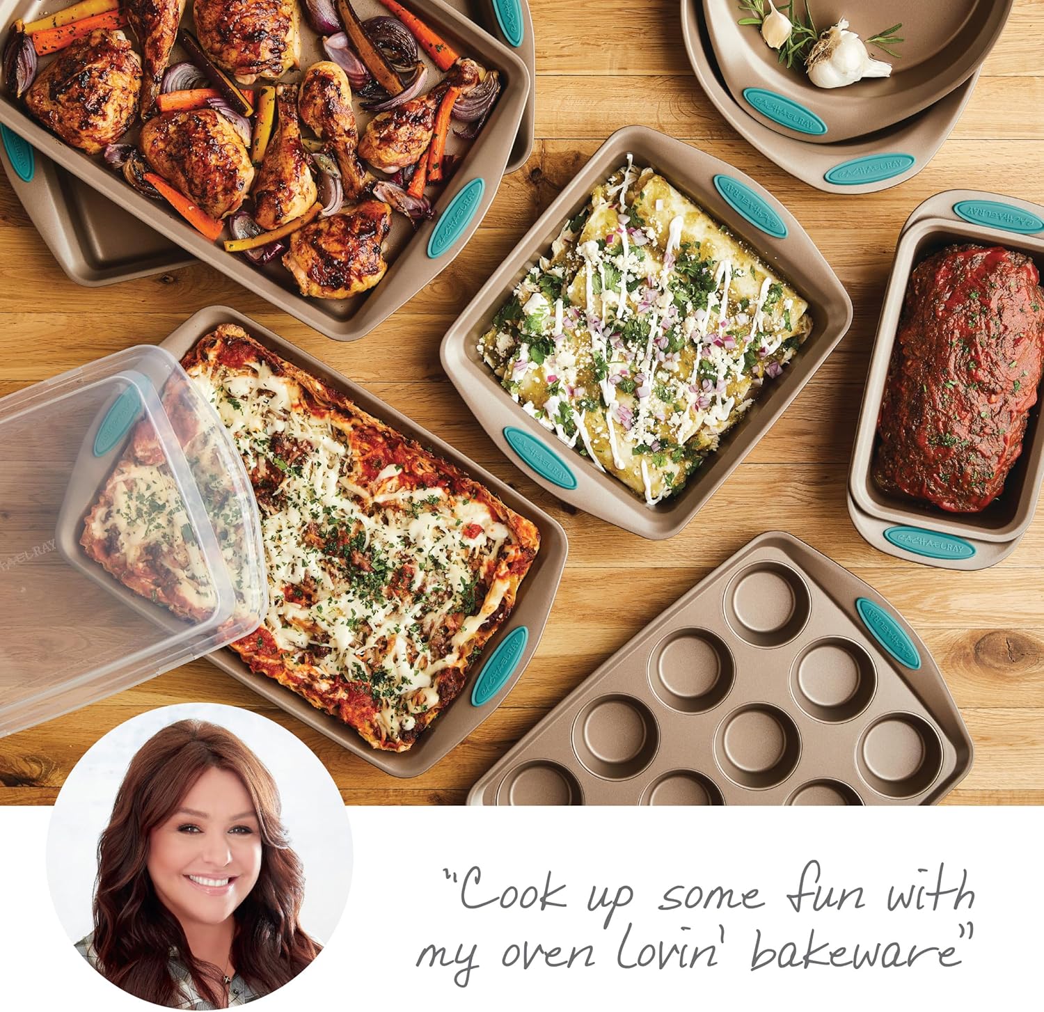 Rachael Ray 47578 Cucina Nonstick Bakeware Set with Grips Includes Nonstick Bread Pan, Baking Sheet, Cookie Sheet, Baking Pans, Cake Pan and Muffin Pan - 10 Piece, Latte Brown with Agave Blue Grips - Image 17