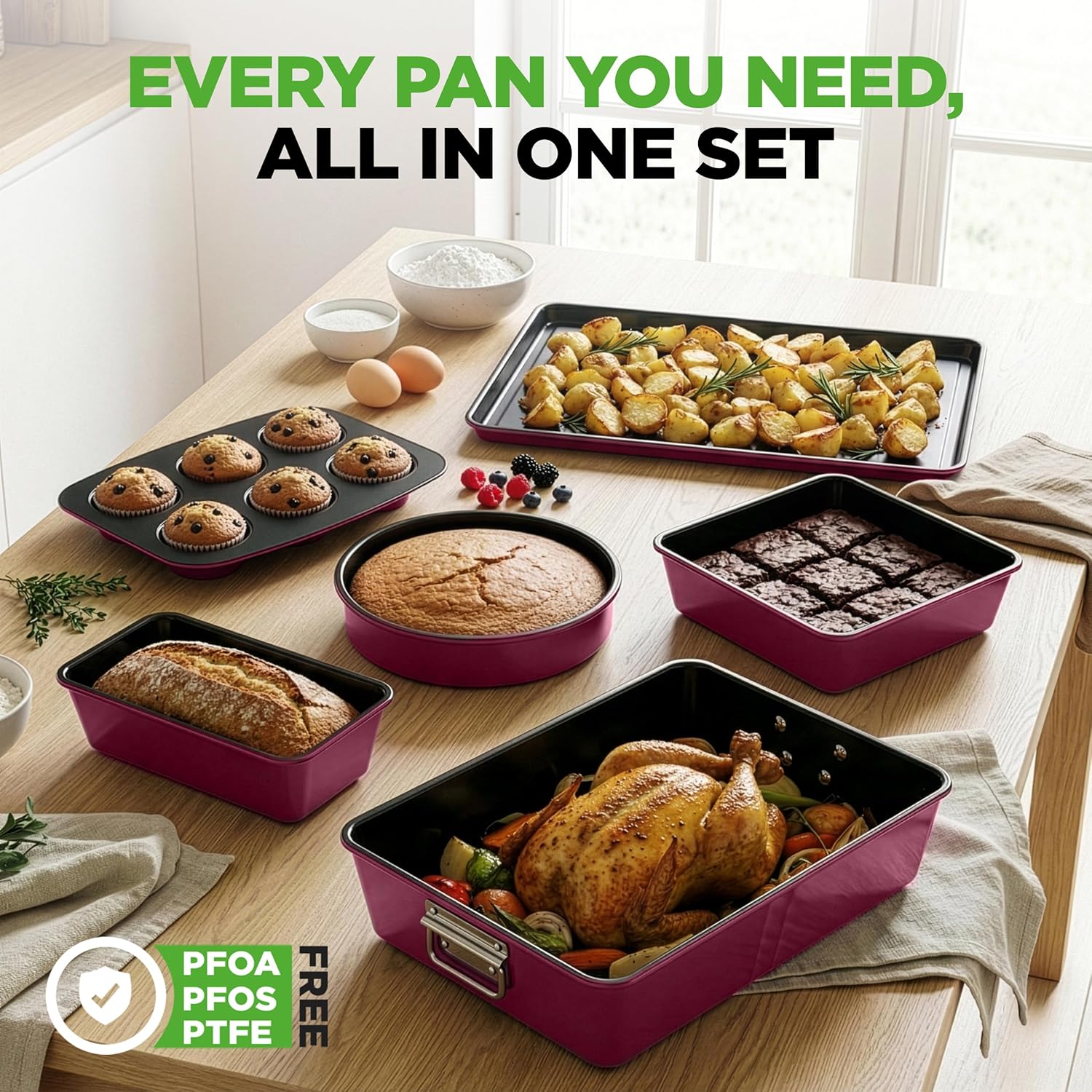 NutriChef 8-Piece Nonstick Stackable Bakeware Set - PFOA, PFOS, PTFE Free Baking Pan Set w/Non-Stick Coating, 450°F Oven Safe, Round Cake, Loaf, Muffin, Wide/Square Pans, Cookie Sheet (Plum) - Image 6