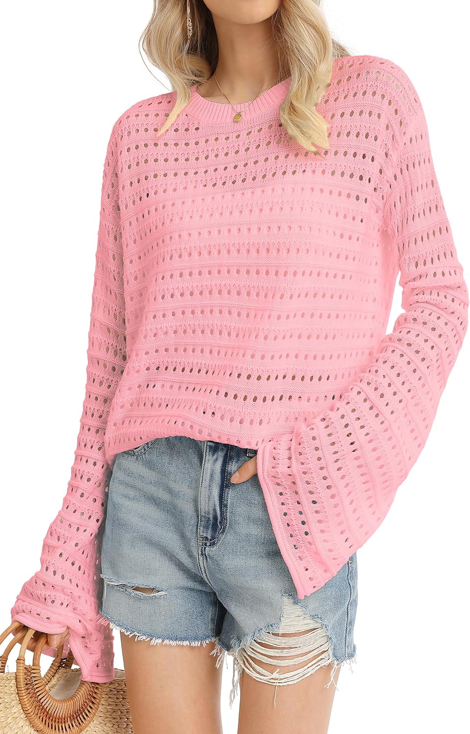 QUALFORT Womens Crochet Sweaters Long Sleeve Lightweight Hollow Out Knit Casual Soft Pullover Spring Summer Tops - Image 3