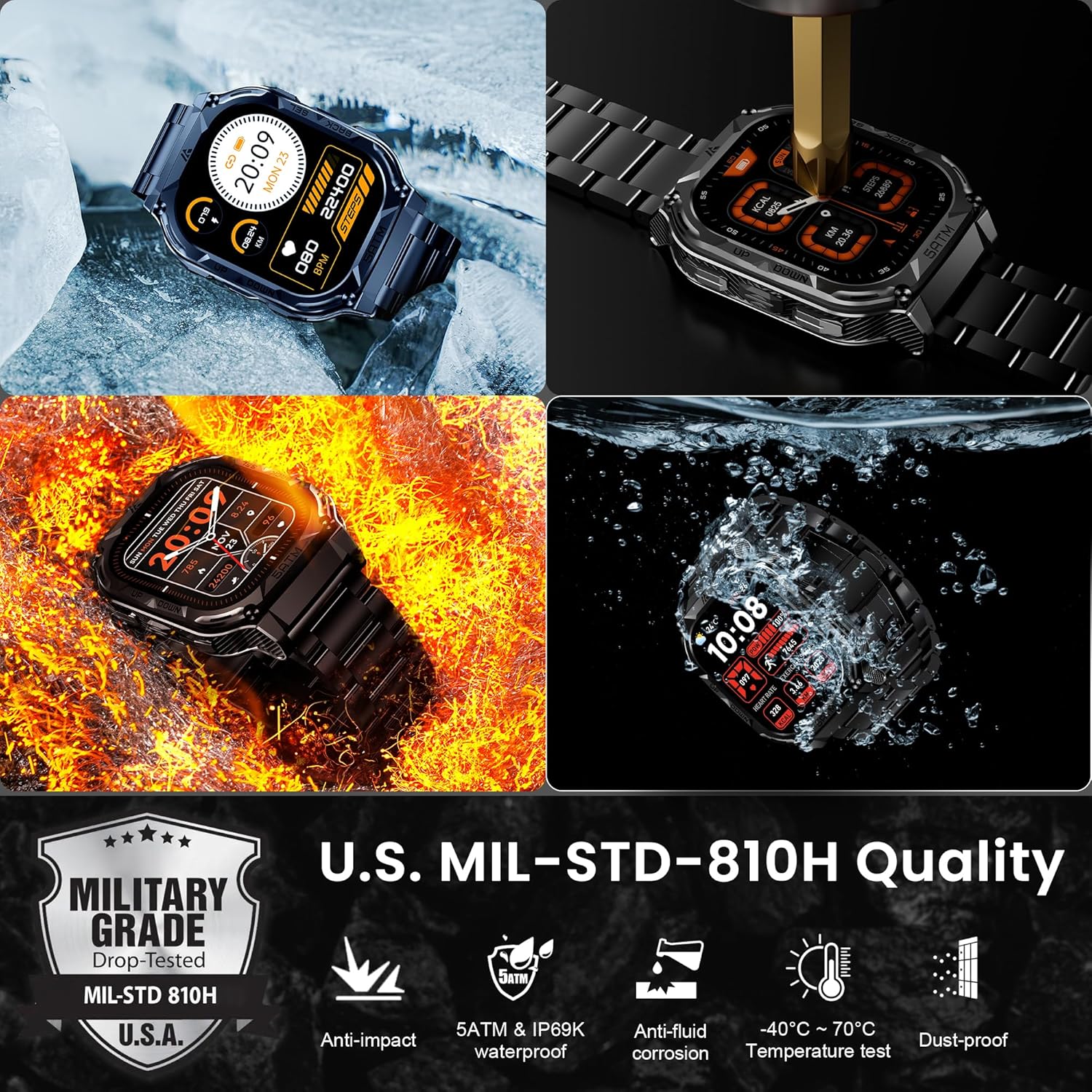 AMAZTIM GPS Smart Watches for Men, 1.96" AMOLED Large Screen, Rugged Stainless Steel Body, 50M Waterproof, Answer/Make Call, Heart Rate Monitor/Sleep Tracking, Android & iOS Compatible, Black, M3E - Image 2
