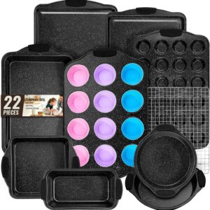 Baking Pans Set Nonstick, Bakeware Sets Stackable with Silicone Handles, AIVIKI 22 Pieces Oven Pan for Cooking Including Baking Cookie Sheet with Rack, Roast Pan, Cake Pan, Loaf Pan, Muffin Pan, Black