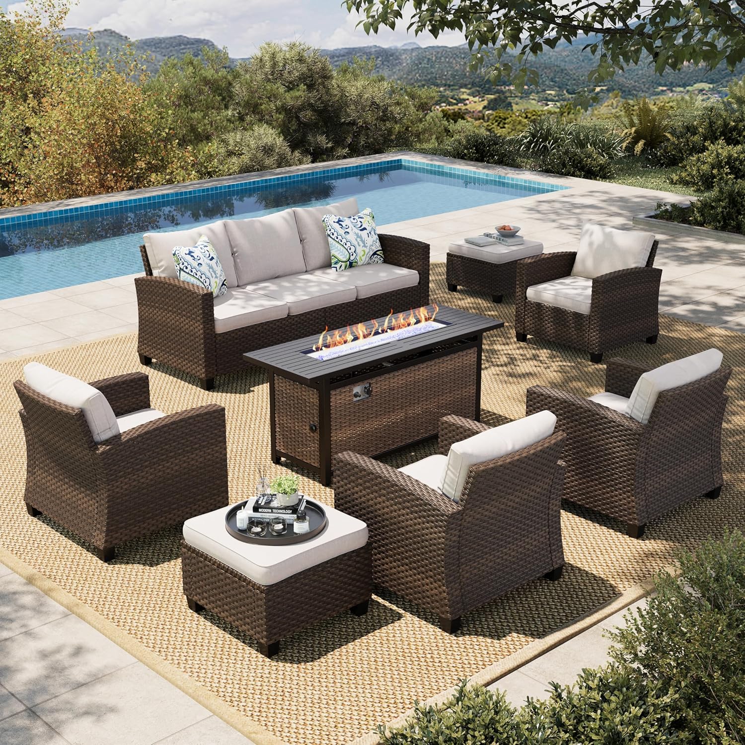 HERA'S HOUSE Patio Furniture Set, Outdoor Wicker Furniture with Fire Pit, 8 Pieces Deep Seating Outdoor Conversation Sofa Sets with Thick Cushions for Deck Backyard Lawn, Beige