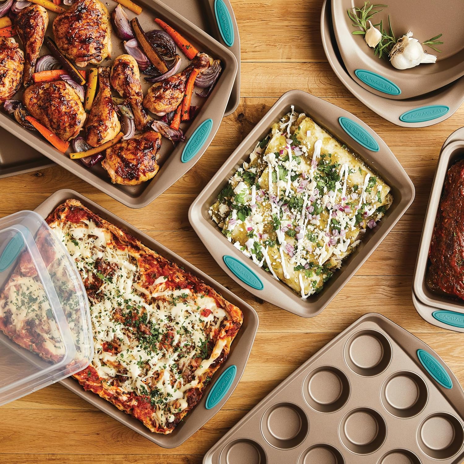 Rachael Ray 47578 Cucina Nonstick Bakeware Set with Grips Includes Nonstick Bread Pan, Baking Sheet, Cookie Sheet, Baking Pans, Cake Pan and Muffin Pan - 10 Piece, Latte Brown with Agave Blue Grips - Image 10