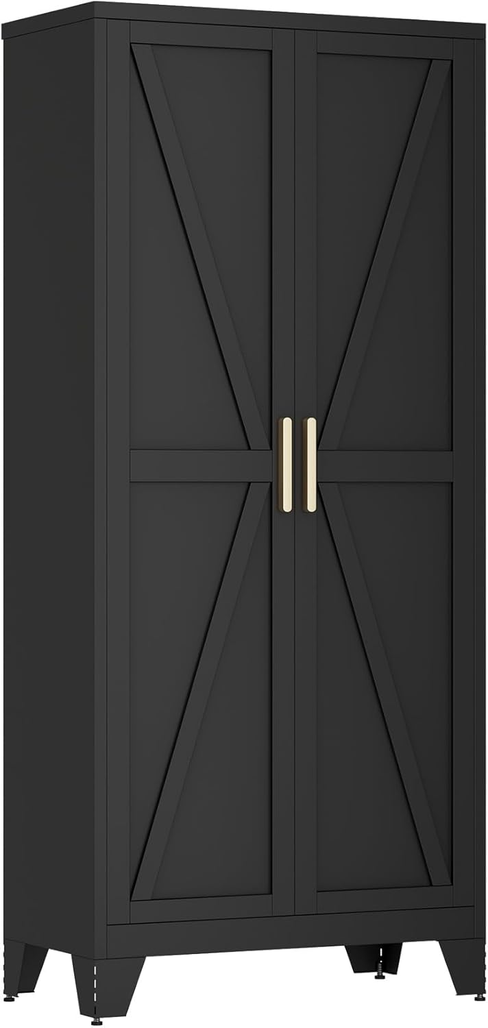 QINPTWUT 71" Storage Cabinet with Doors and Shelves, Tall Pantry Cabinet in Black with 2 Doors & 4 Adjustable Shelves, All-Steel Farmhouse Cupboard for Kitchen, Living Room,Home Office,Garage - Image 7