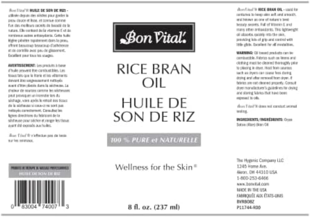 Bon Vital' Rice Bran Oil, 100% Pure and Cold Pressed Carrier Oils for Diffusers, Professional Massage Oil, Best Beauty Secret for Soft & Smooth Skin, Moisturizer, 8 Ounce Bottle - Image 2