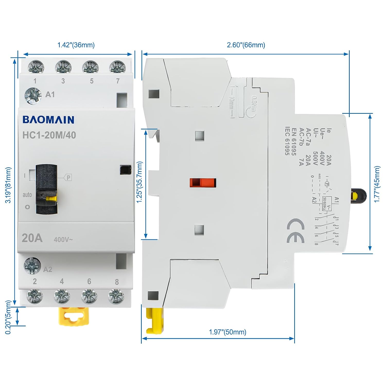 BAOMAIN 220V 4-Pole 20A Manual/Auto AC Contactor, 4NO, DIN Rail Mount | HC1-20M,4P Manual or Automatic Switchable,20Amp 4NO AC220V Contactor For HVAC,Motor,Pump,and Lighting Control - Image 3