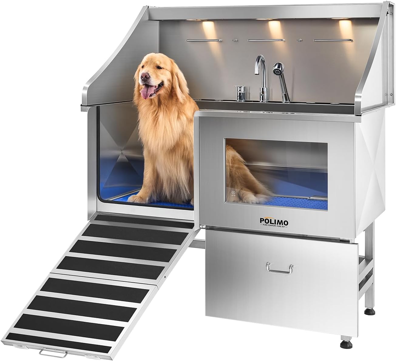 POLIMO Dog Washing Station with LED Display 50″ (Left Ramp), 304 Stainless Steel Dog Bathtub for Large Medium Small Dogs, Professional Pet Grooming Tub with Faucet, Storage Drawer, Floor Grate, Window POLIMO Dog Washing Station with LED Display 50″ (Left Ramp), 304 Stainless Steel Dog Bathtub for Large Medium Small Dogs, Professional Pet Grooming Tub with Faucet, Storage Drawer, Floor Grate, Window