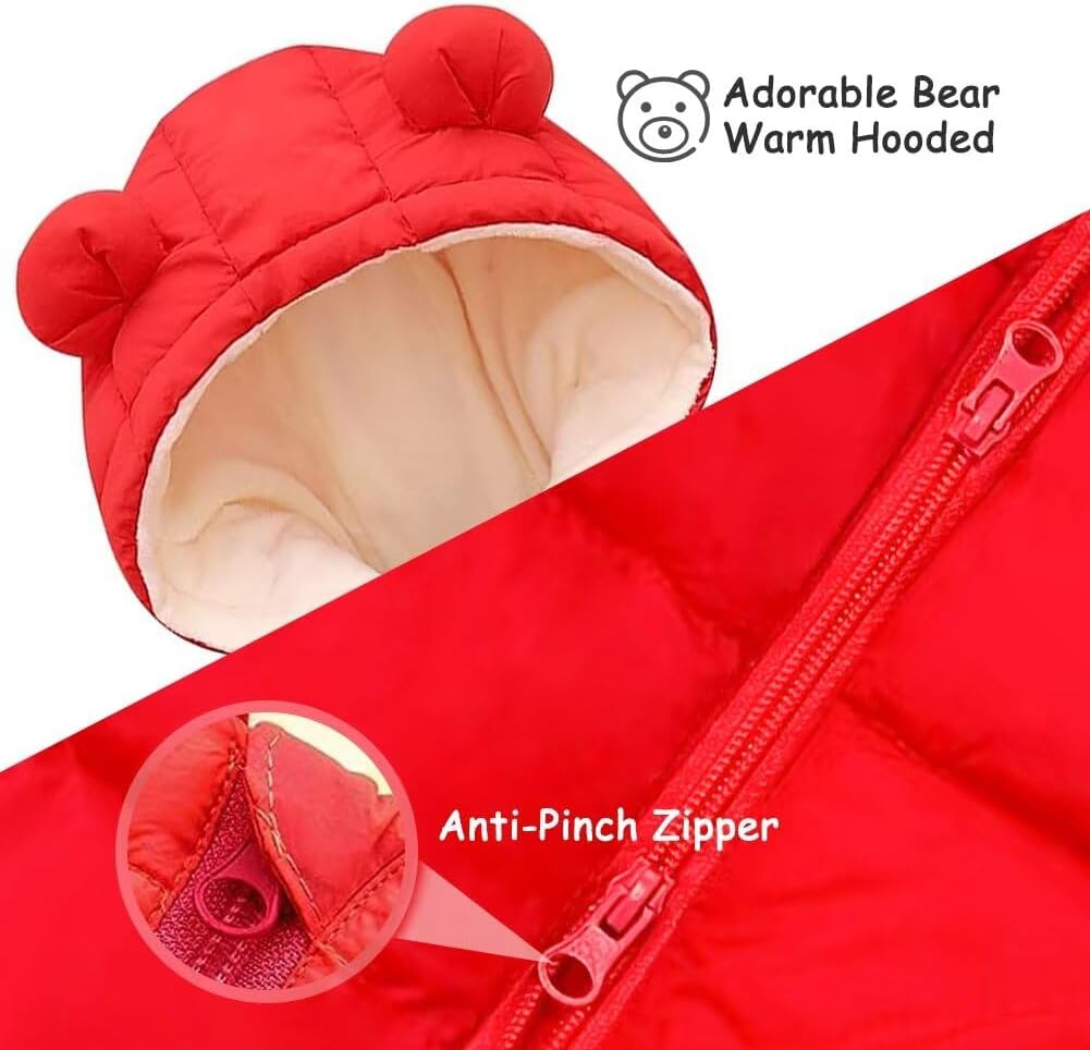 BYFRI Baby Boys Girls Snowsuit Newborn Cozy Winter Coat Infant Bear Hooded Jumpsuit Toddler Snow Outfit for 0-24 Months - Image 4