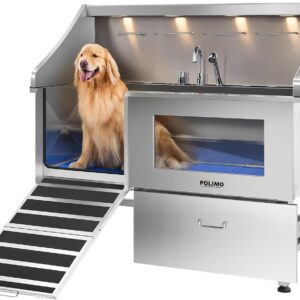 POLIMO Dog Washing Station with LED Display 61″ (Left Ramp), 304 Stainless Steel Dog Bathtub for Large, Medium & Small Dogs, Professional Grooming Tub with Faucet, Storage Drawer, Floor Grate, Window
