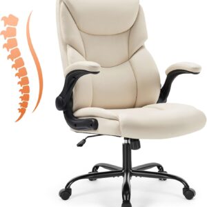Sweetcrispy Ergonomic Office Chair – Heavy Duty Task Desk Chair with Flip-up Armrest, PU Leather, Height Adjustable & Swivel Rolling Chair with Wheels, Beige