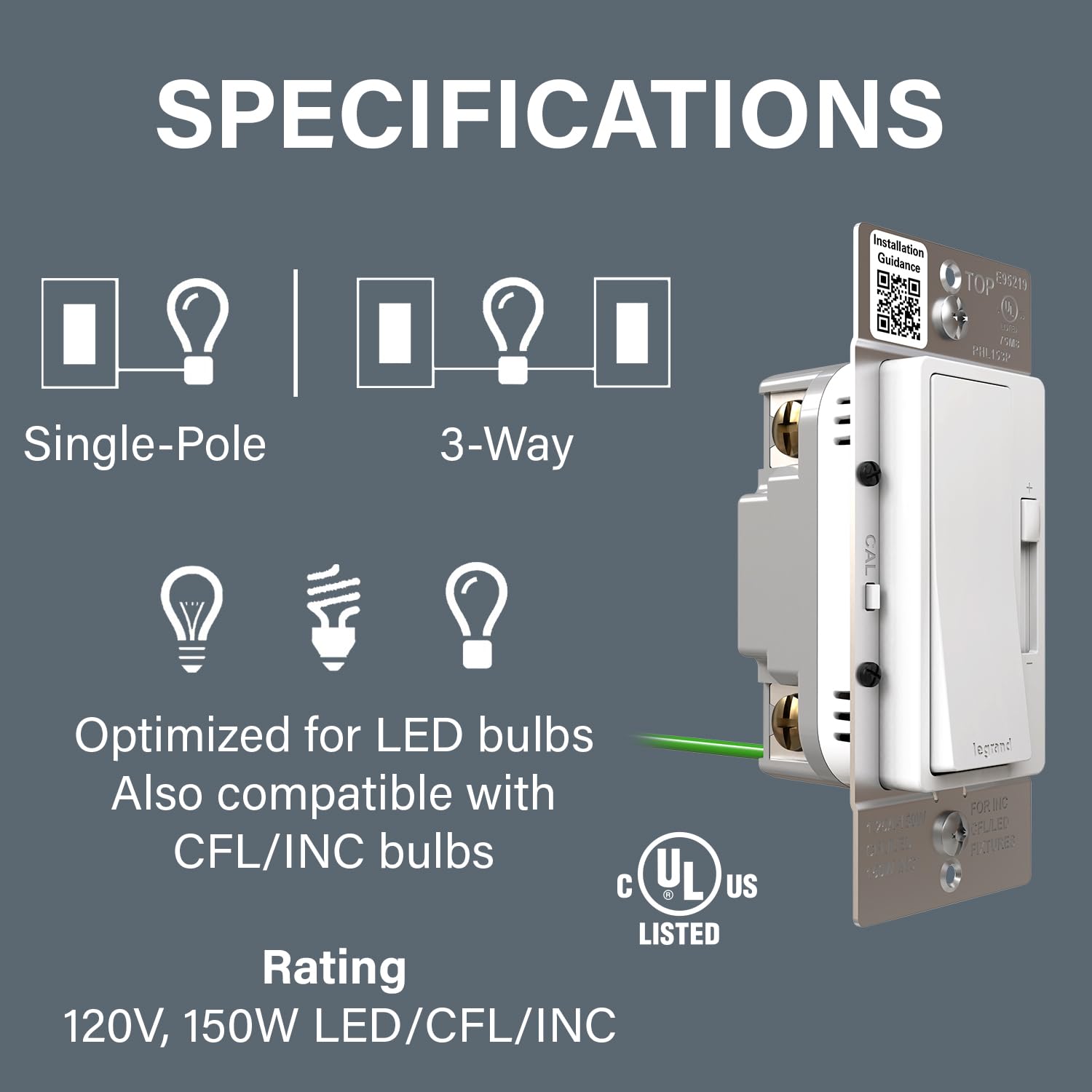 Legrand Radiant 150-Watt Dimmer Light Switch, Single-Pole/3-Way LED Dimmer for Dimmable Lights, RHL153PW, White - Image 2