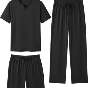 Sykooria Mens 3 Piece Pajama Set Short Sleeve Sleepwear with Shorts & Pants Set Lightweight Soft Loungewear S-3XL