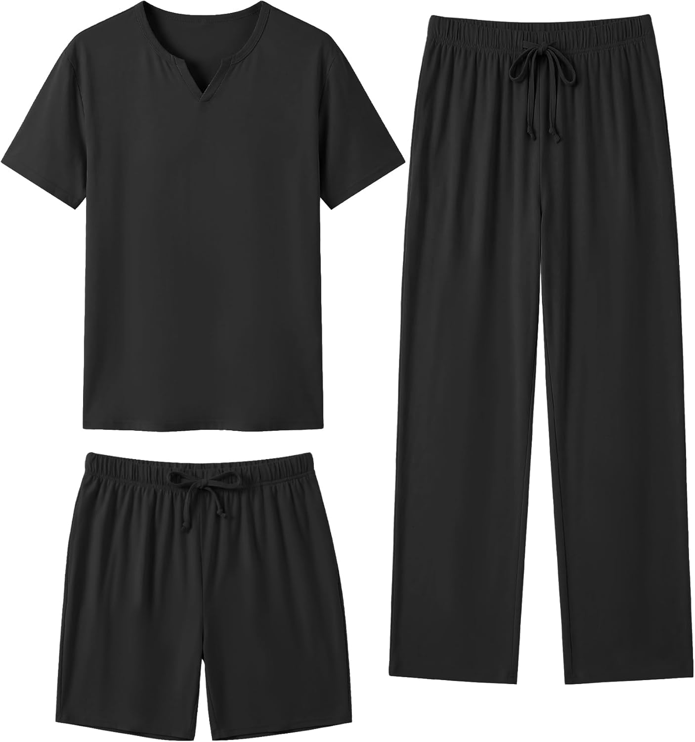 Sykooria Mens 3 Piece Pajama Set Short Sleeve Sleepwear with Shorts & Pants Set Lightweight Soft Loungewear S-3XL