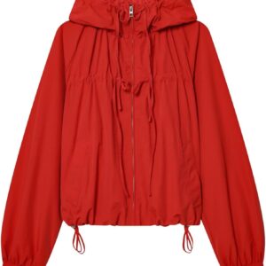Xunger Women’s Gathered Hooded Jacket Casual Loose Fit Bow Detail Coat Drawstring Hem Long Sleeve Outerwear with Pockets