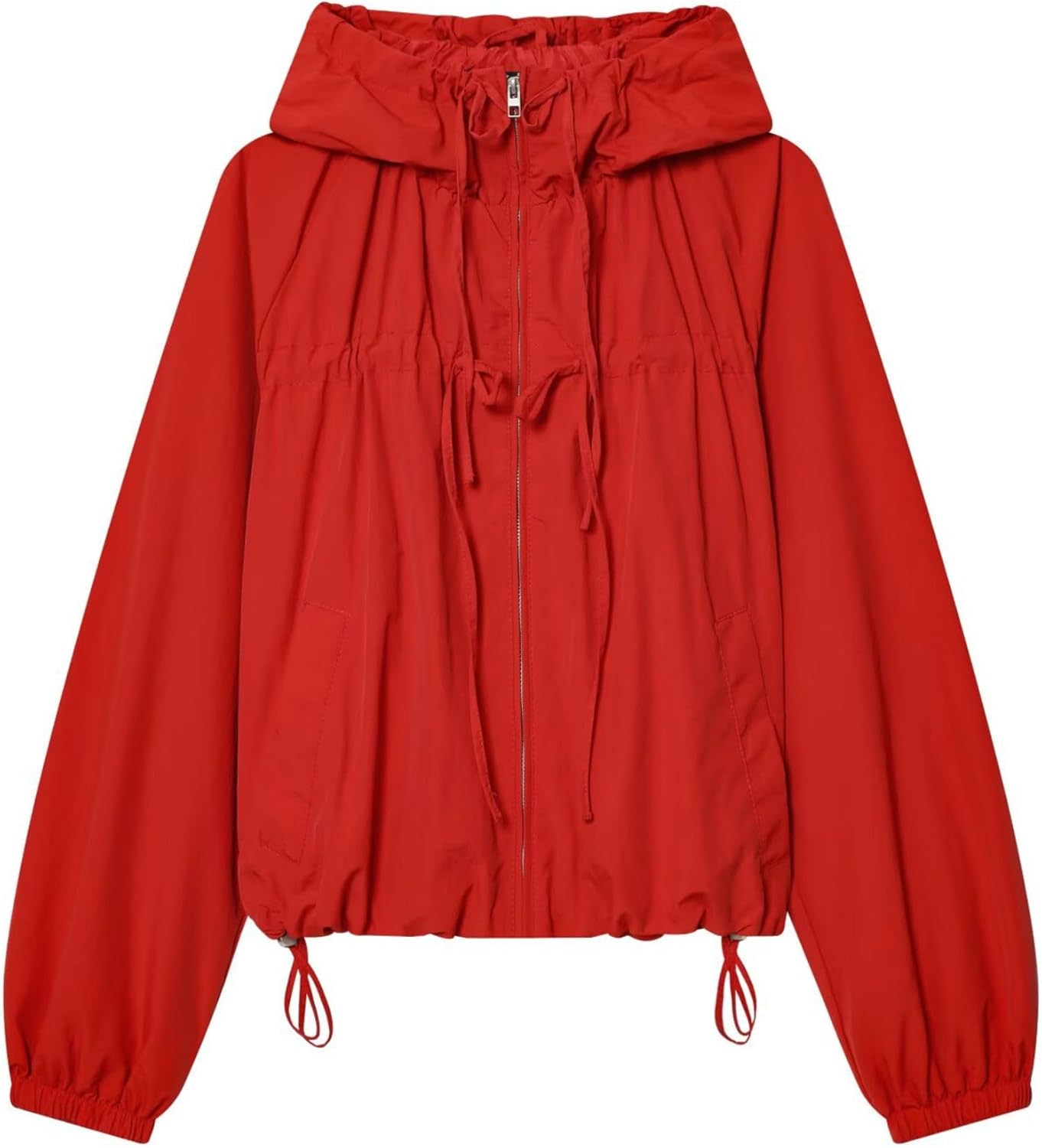 Xunger Women's Gathered Hooded Jacket Casual Loose Fit Bow Detail Coat Drawstring Hem Long Sleeve Outerwear with Pockets
