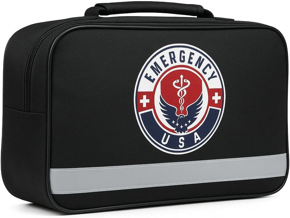 Roadside Car Emergency Kit - First Aid Set, Jumper Cables, Tow Strap, LED Flash Light, Rain Coat, Tire Pressure Gauge, Safety Vest and More (Black) - Image 2