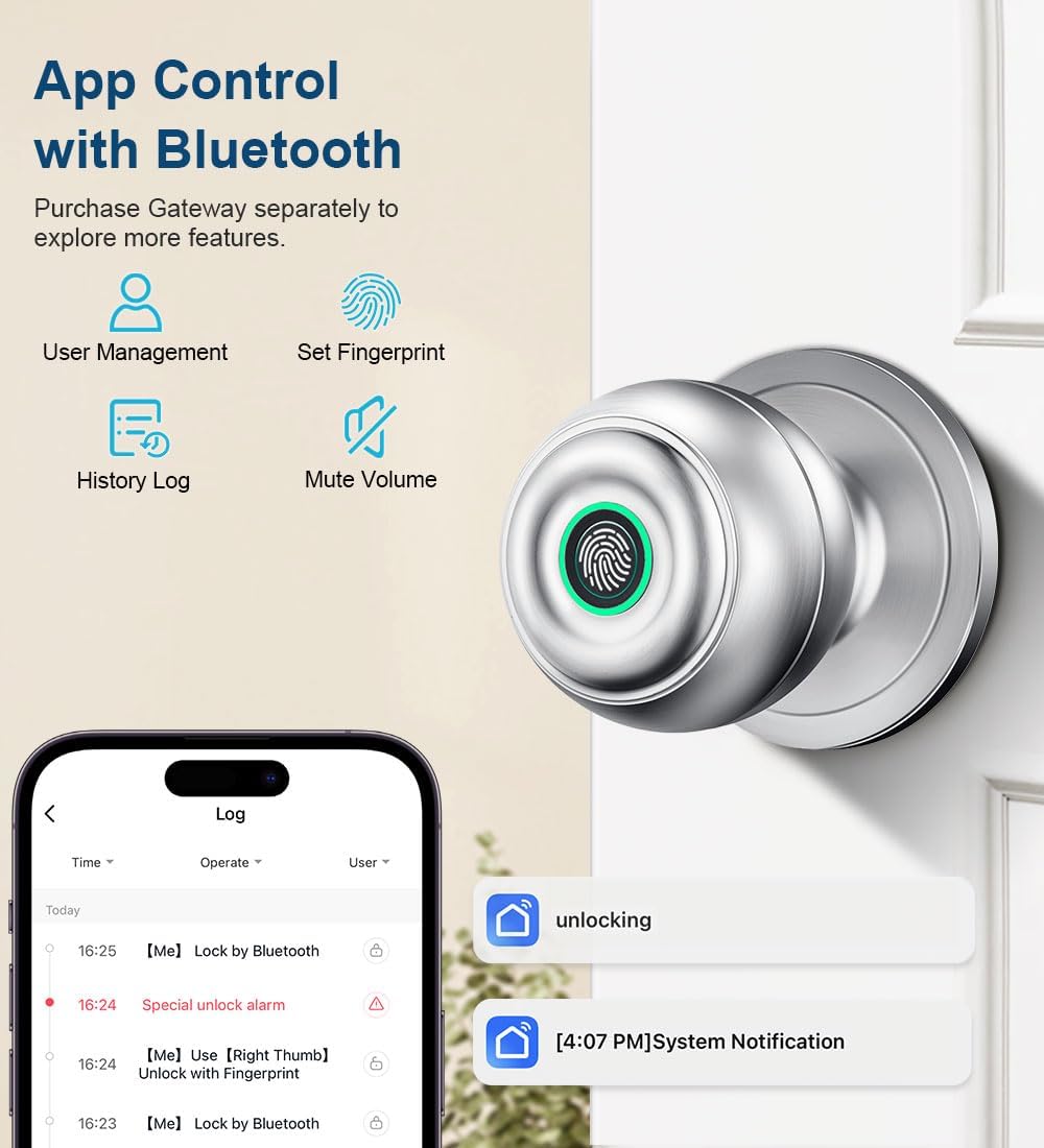KLLOQUE Fingerprint Door Lock, Smart Fingerprint Door Knob with Lock, Biometric Door Locks with App Control & Key, Keyless Thumbprint Entry Door Locks for Bedroom, Front Door, Home, Apartment-Silver - Image 6