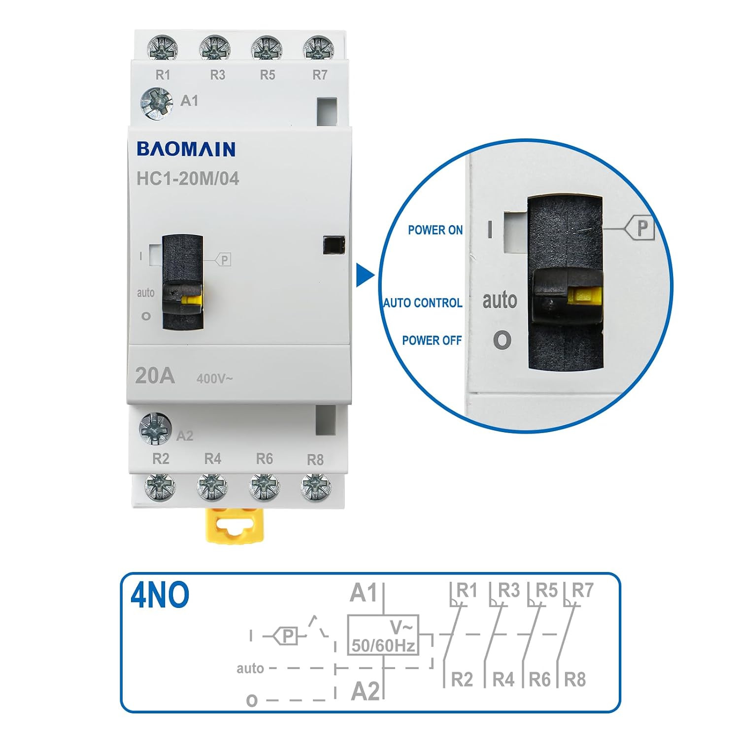 BAOMAIN 220V 4-Pole 20A Manual/Auto AC Contactor, 4NO, DIN Rail Mount | HC1-20M,4P Manual or Automatic Switchable,20Amp 4NO AC220V Contactor For HVAC,Motor,Pump,and Lighting Control - Image 2